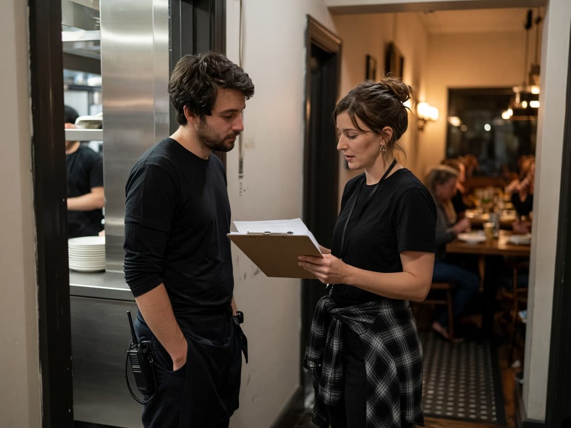 Coordinators comparing notes in a service hallway
