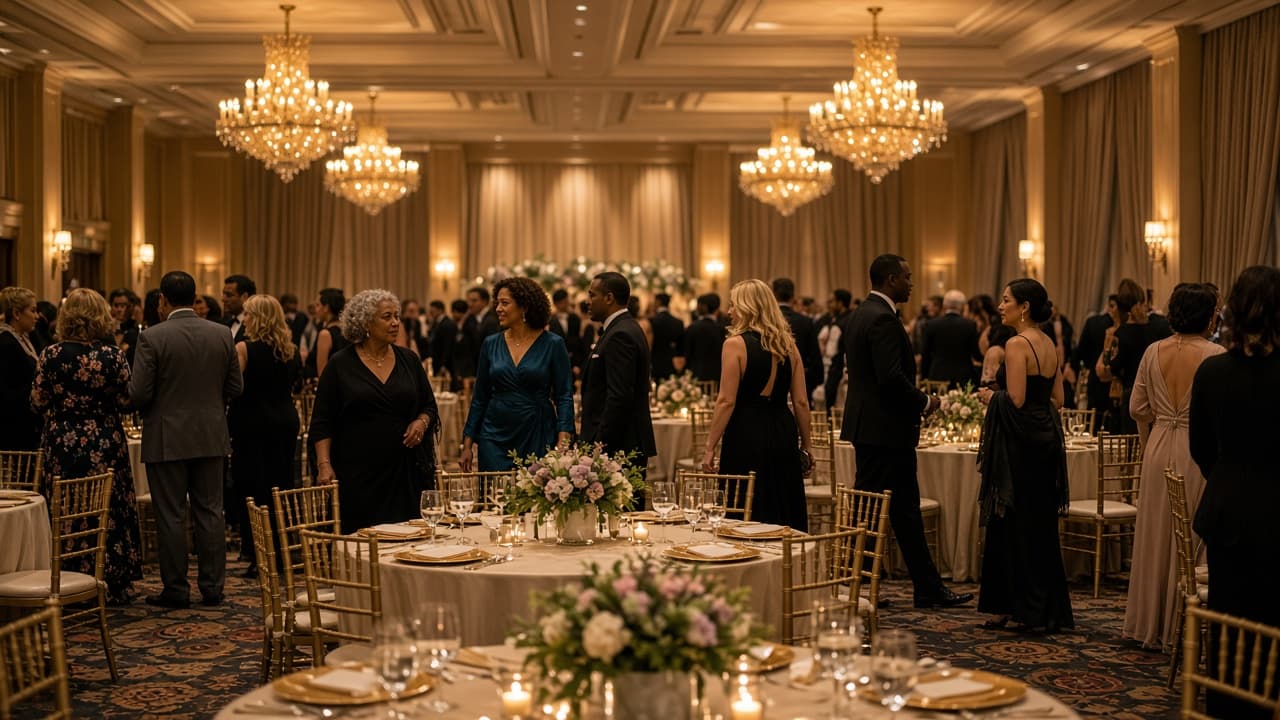 Guests arriving in a set ballroom