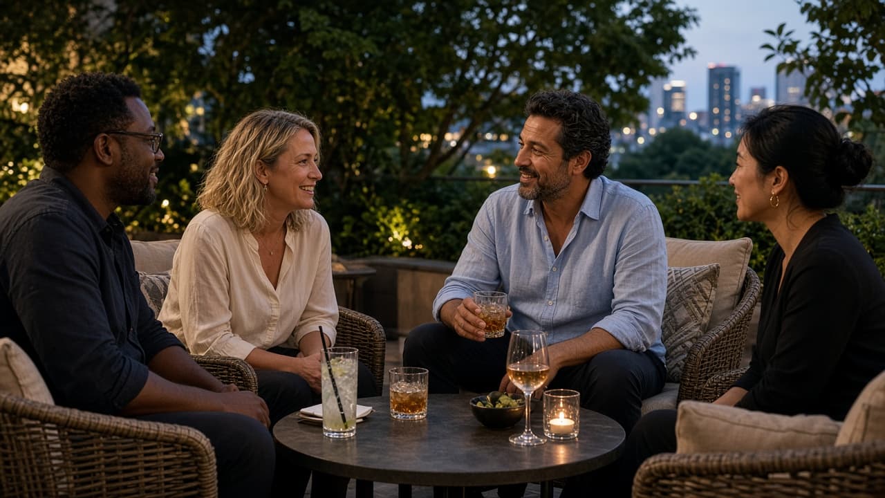 Members talking on a club terrace at dusk