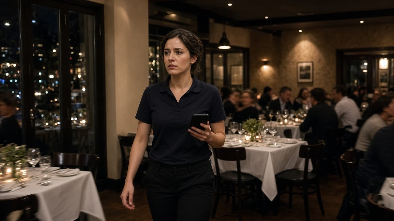 A coordinator walking the dining room with a phone