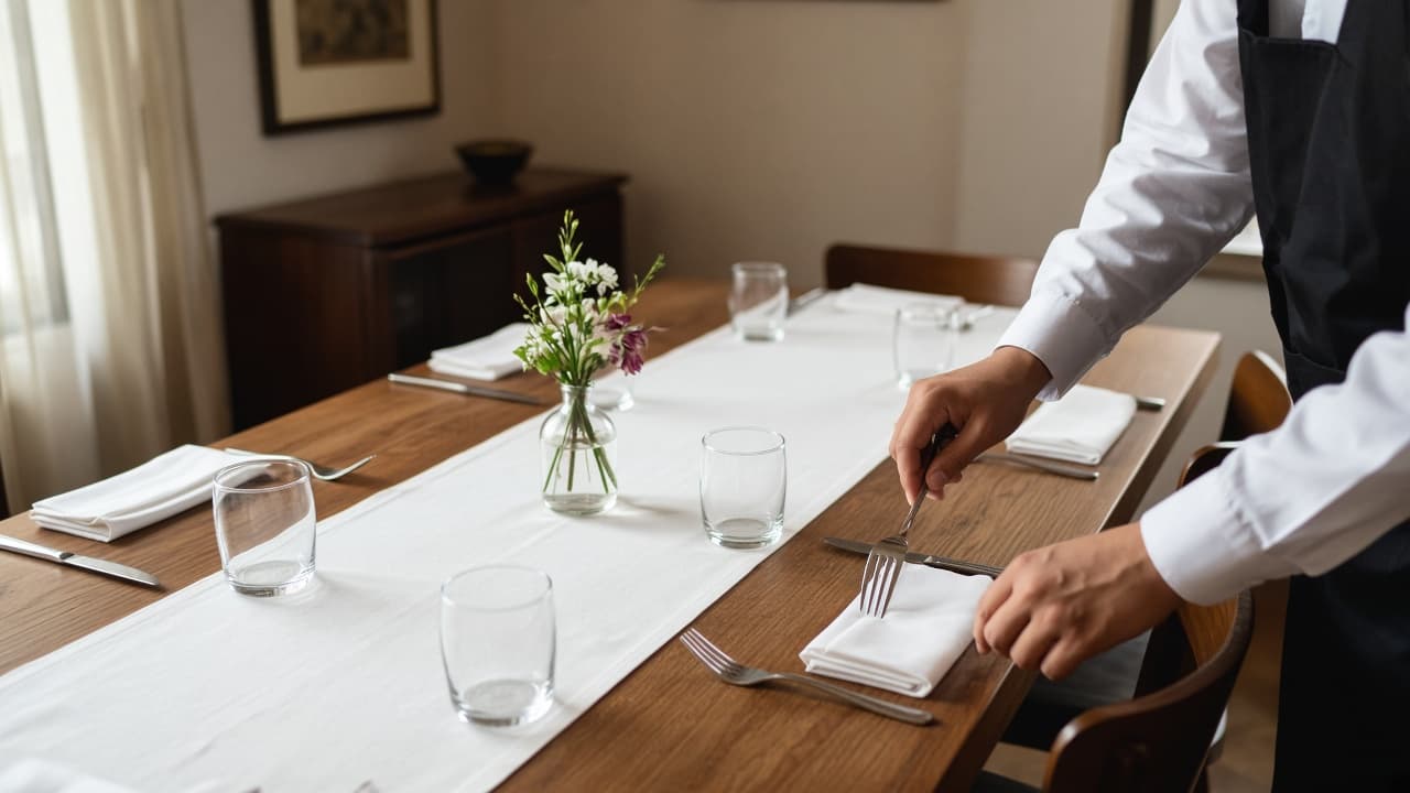 A private dining table being set before service
